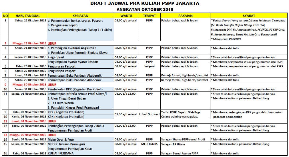 jadwal pra kuliah