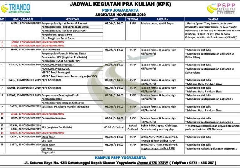 Jadwal Kegiatan Kampus PSPP Yogyakarta